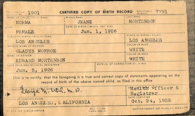 Marilyn Monroe Birth Certificate – C1
