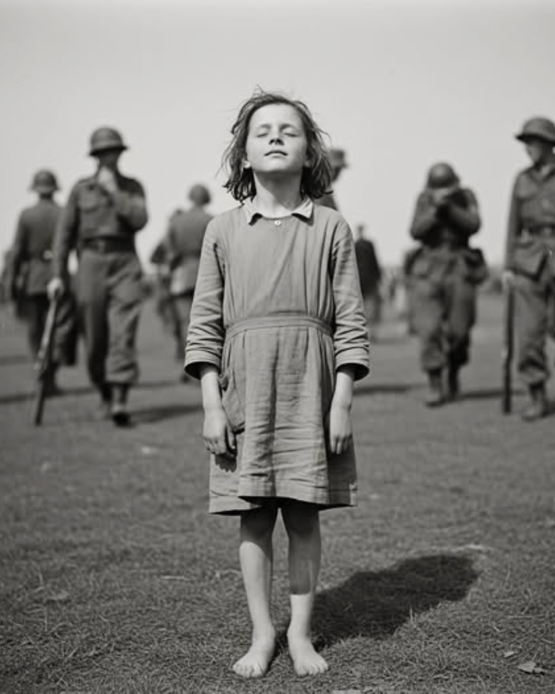 Bergen-Belsen 1945: A child looks towards the sun of freedom .US