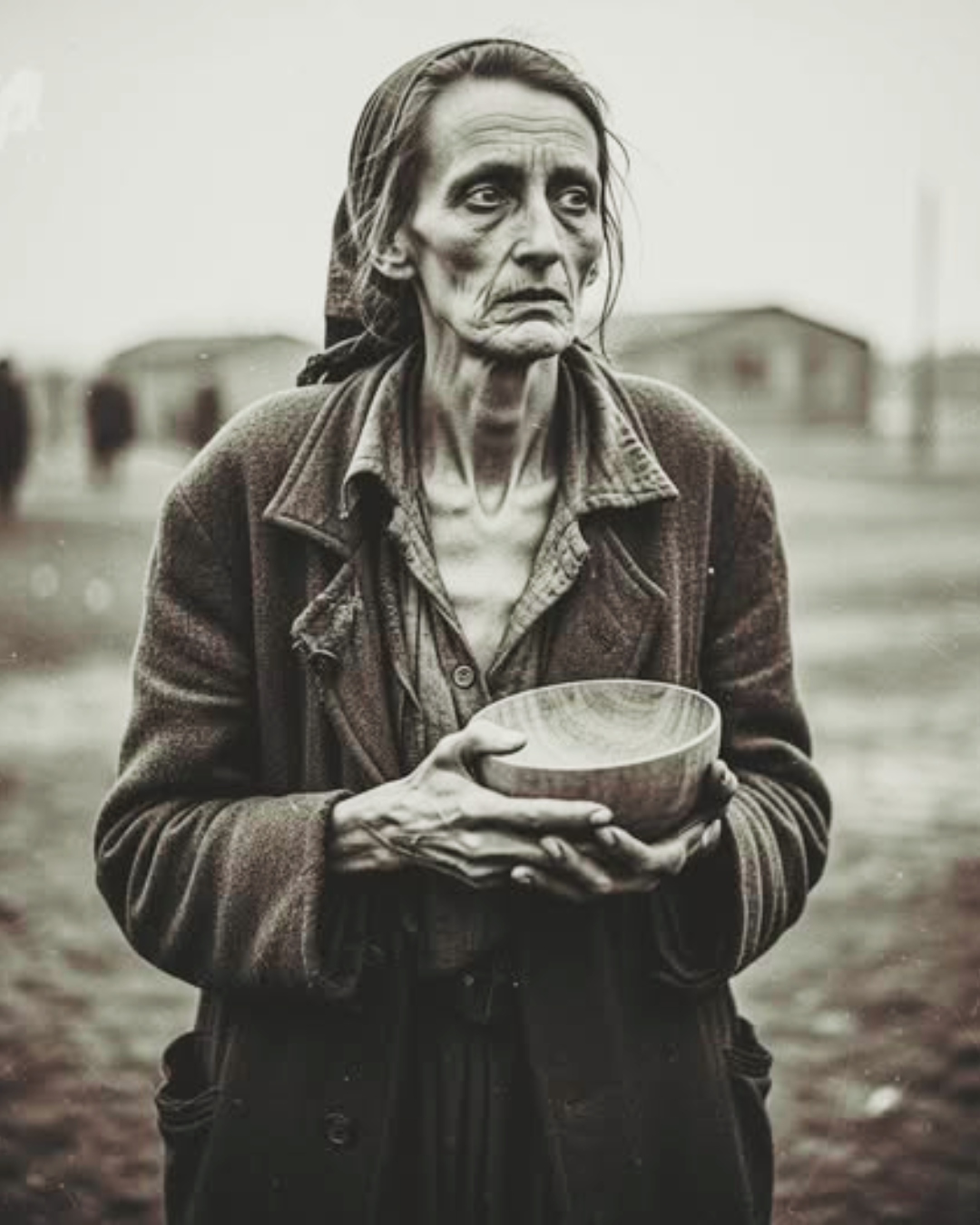 Woman with an empty bowl – Bergen-Belsen, Germany, 1945 .US