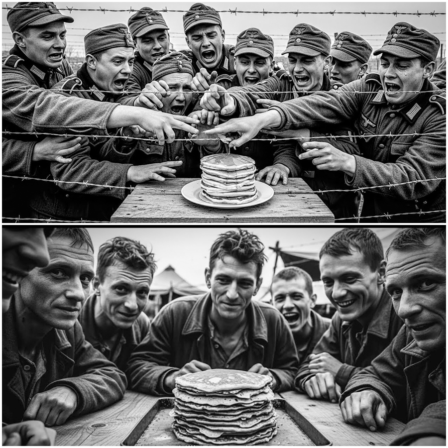 Dans le réfectoire d’une prison, des prisonniers de guerre allemands se moquaient des crêpes américaines, s’attendant à une plaisanterie cruelle. NF